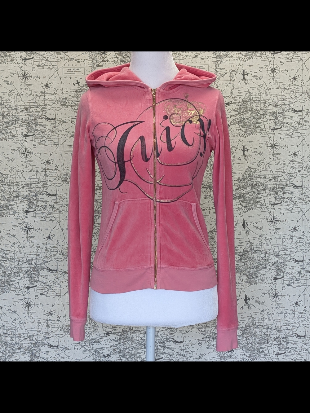 RARE Vintage Y2K Juicy Couture Pink Velour Chandelier Rhinestone Hoodie Small - Picture 1 of 7